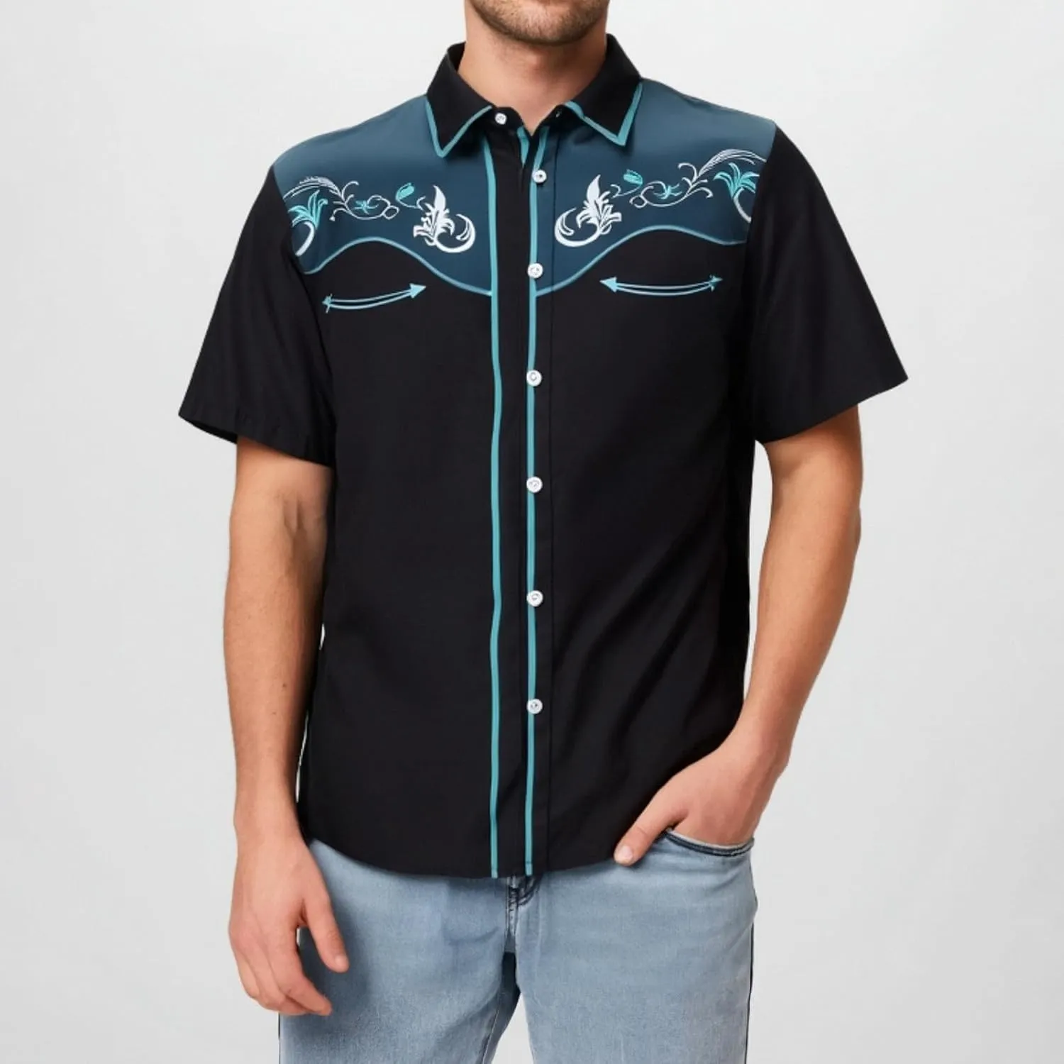 Men 2025 Fashion Western Cowboy Shirts Loose Comfy Short Sleeve Summer Vacation Tops Stylish Embroidered Rose