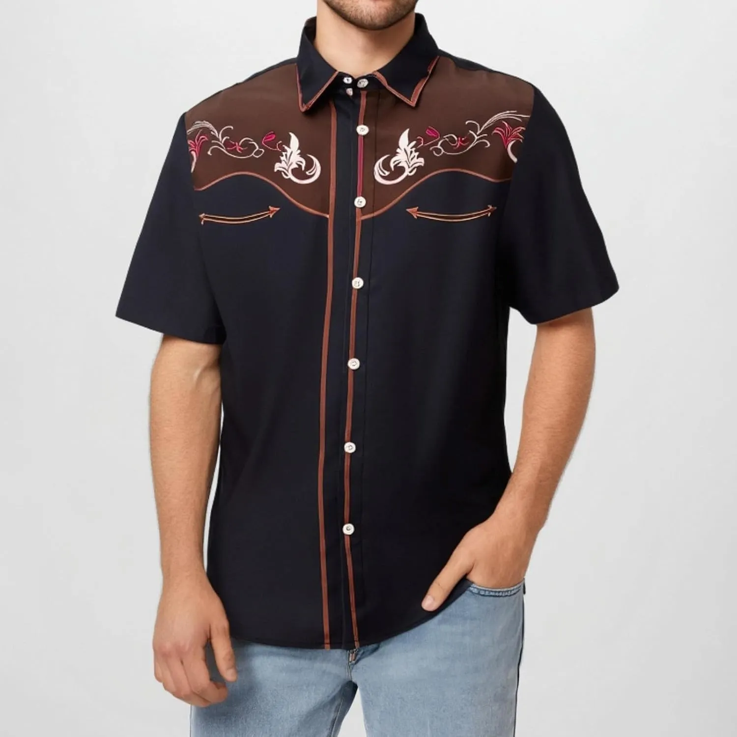 Men 2025 Fashion Western Cowboy Shirts Loose Comfy Short Sleeve Summer Vacation Tops Stylish Embroidered Rose