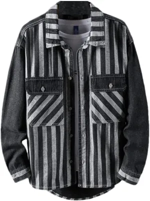 Men Cargo Striped Patchwork Casual Jeans Shirts Long Sleeves Vintage Washed Denim Shirts
