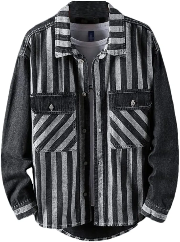 Men Cargo Striped Patchwork Casual Jeans Shirts Long Sleeves Vintage Washed Denim Shirts