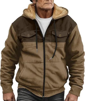 Men Heavyweight Sherpa Lined Hoodie Oversize Full Zip Warm Winter Fleece Jacket Color Block Thick Sweatshirt Outwear