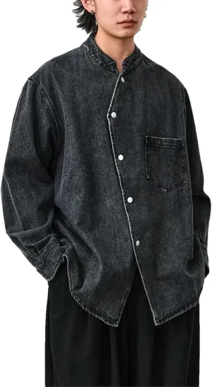 Men Stand Collar Vintage Washed Denim Shirt City Streetwear Fashion Loose Long Sleeve Jeans Shirts Jacket