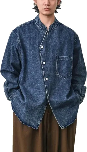 Men Stand Collar Vintage Washed Denim Shirt City Streetwear Fashion Loose Long Sleeve Jeans Shirts Jacket