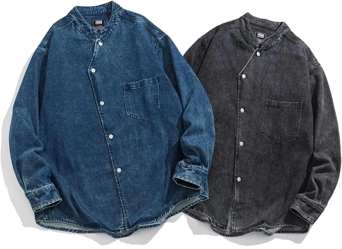 Men Stand Collar Vintage Washed Denim Shirt City Streetwear Fashion Loose Long Sleeve Jeans Shirts Jacket
