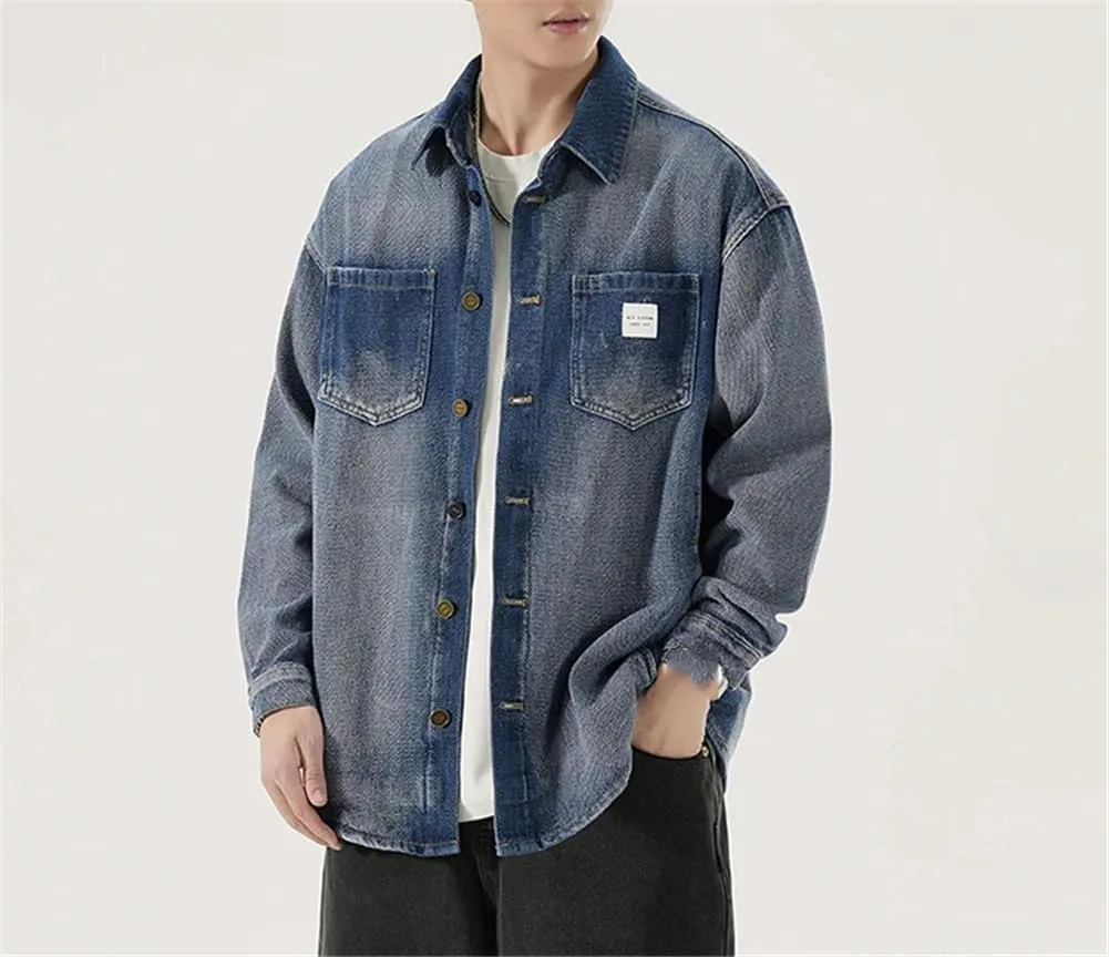 Men Streetwear Denim Shirt Loose Casual Shirt Jacket Long Sleeve Vintage Washed Denim Shirts