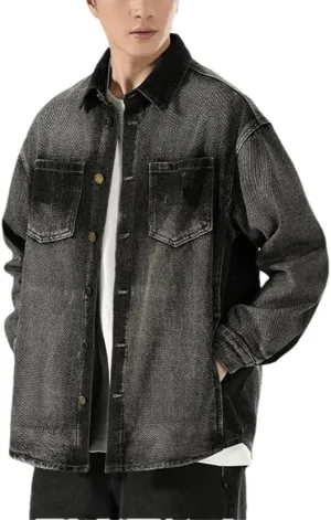 Men Streetwear Denim Shirt Loose Casual Shirt Jacket Long Sleeve Vintage Washed Denim Shirts
