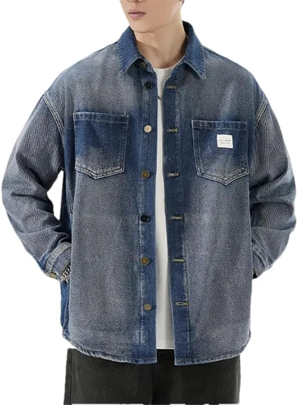 Men Streetwear Denim Shirt Loose Casual Shirt Jacket Long Sleeve Vintage Washed Denim Shirts