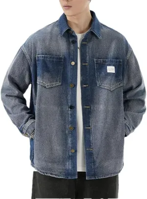 Men Streetwear Denim Shirt Loose Casual Shirt Jacket Long Sleeve Vintage Washed Denim Shirts