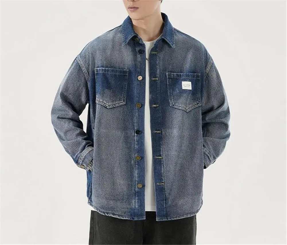 Men Streetwear Denim Shirt Loose Casual Shirt Jacket Long Sleeve Vintage Washed Denim Shirts