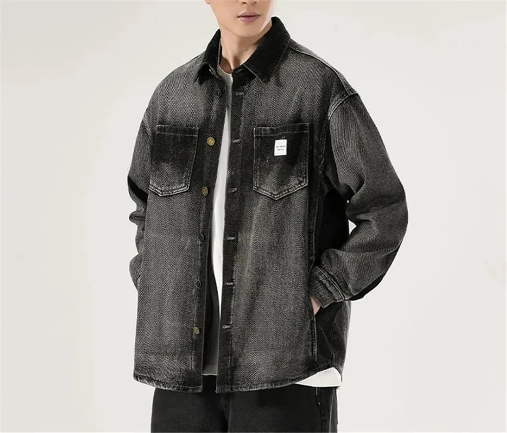 Men Streetwear Denim Shirt Loose Casual Shirt Jacket Long Sleeve Vintage Washed Denim Shirts
