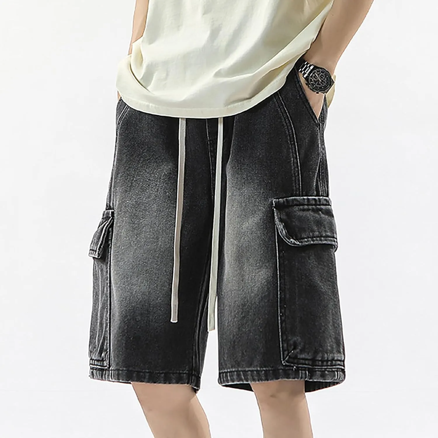 Men Wide Leg Hip Hop Mid Jean Shorts Work Denim Shorts with Pockets Casual 2025 Trendy Streetwear