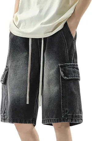Men Wide Leg Hip Hop Mid Jean Shorts Work Denim Shorts with Pockets Casual 2025 Trendy Streetwear