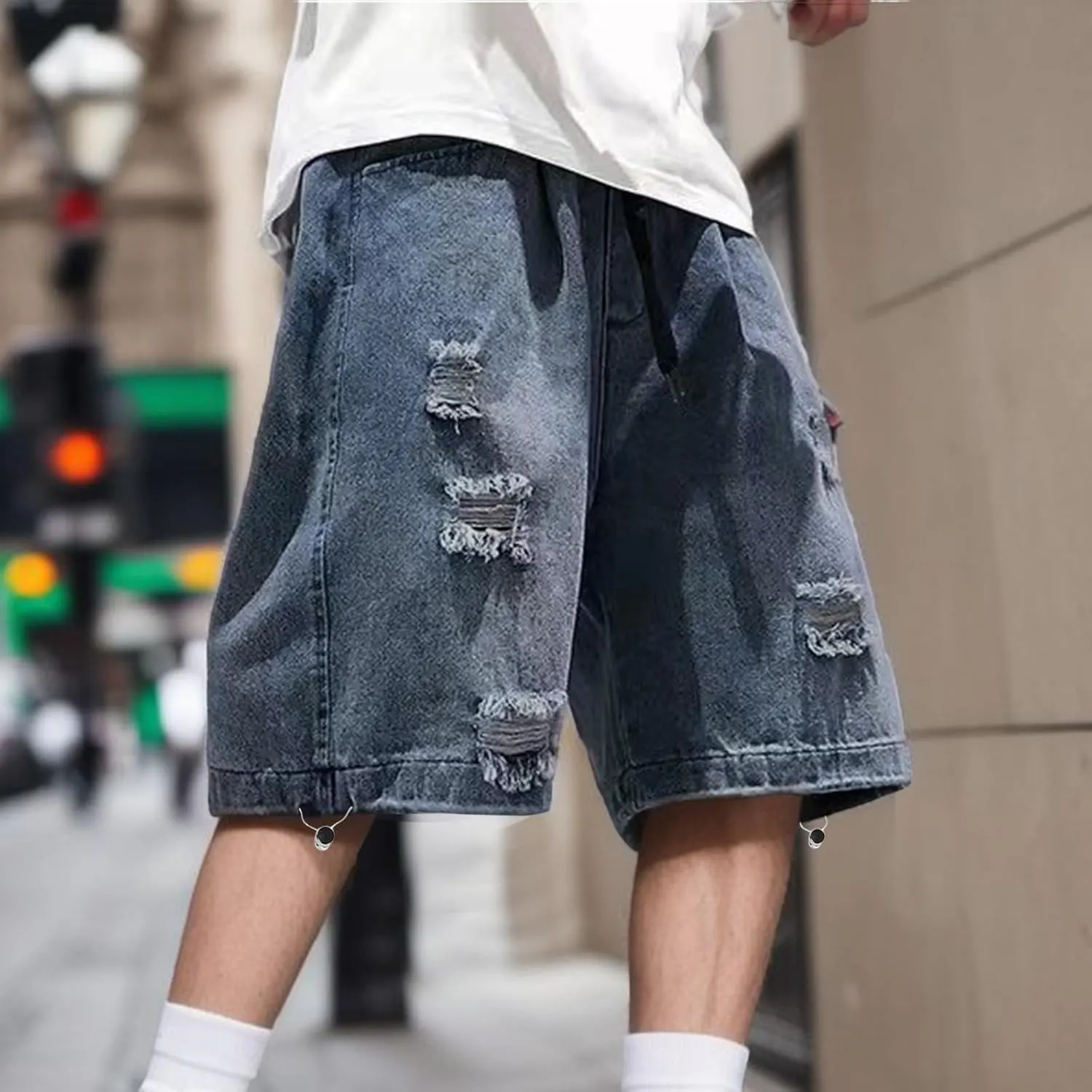 Men Wide Leg Hip Hop Mid Jean Shorts Work Denim Shorts with Pockets Casual 2025 Trendy Streetwear