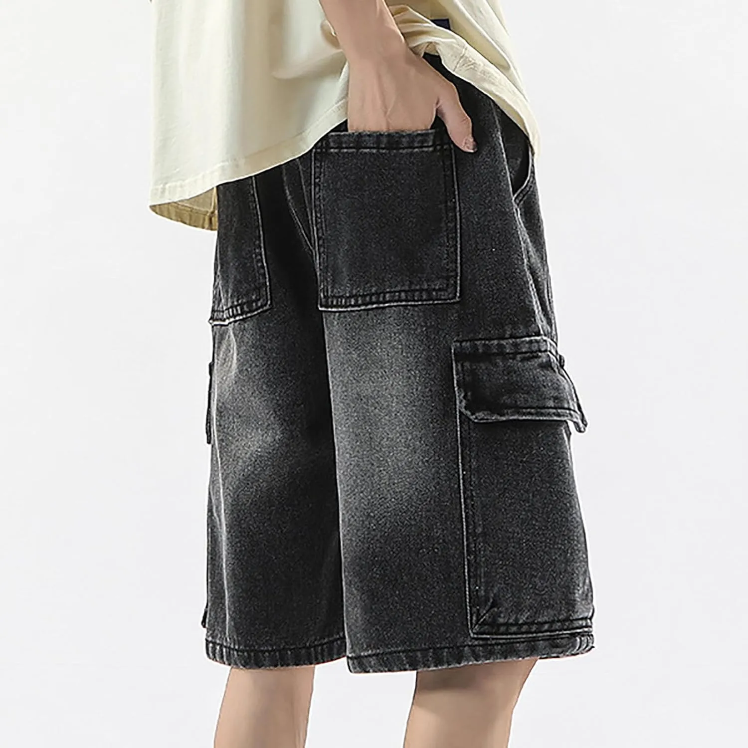 Men Wide Leg Hip Hop Mid Jean Shorts Work Denim Shorts with Pockets Casual 2025 Trendy Streetwear