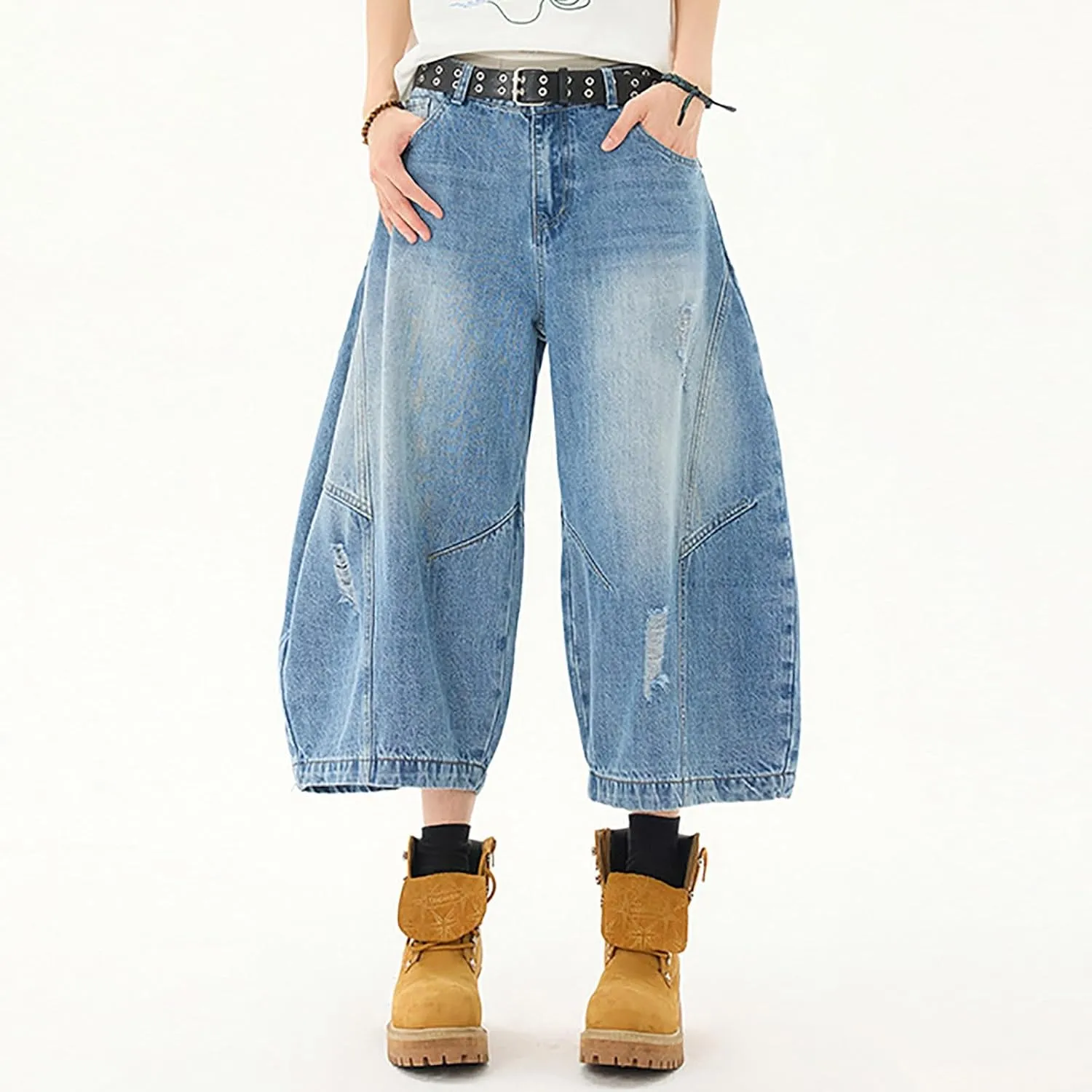 Men Wide Leg Hip Hop Mid Jean Shorts Work Denim Shorts with Pockets Casual 2025 Trendy Streetwear