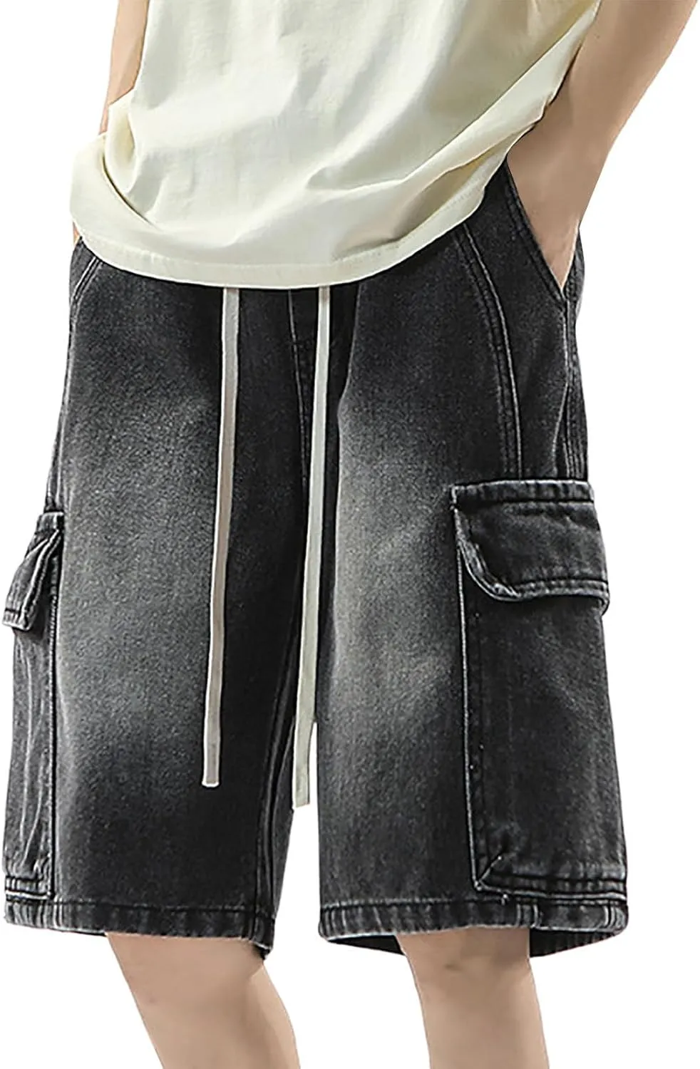 Men Wide Leg Hip Hop Mid Jean Shorts Work Denim Shorts with Pockets Casual 2025 Trendy Streetwear