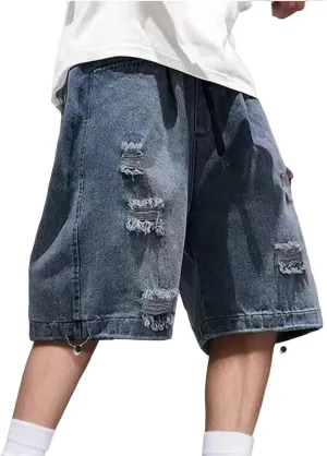 Men Wide Leg Hip Hop Mid Jean Shorts Work Denim Shorts with Pockets Casual 2025 Trendy Streetwear
