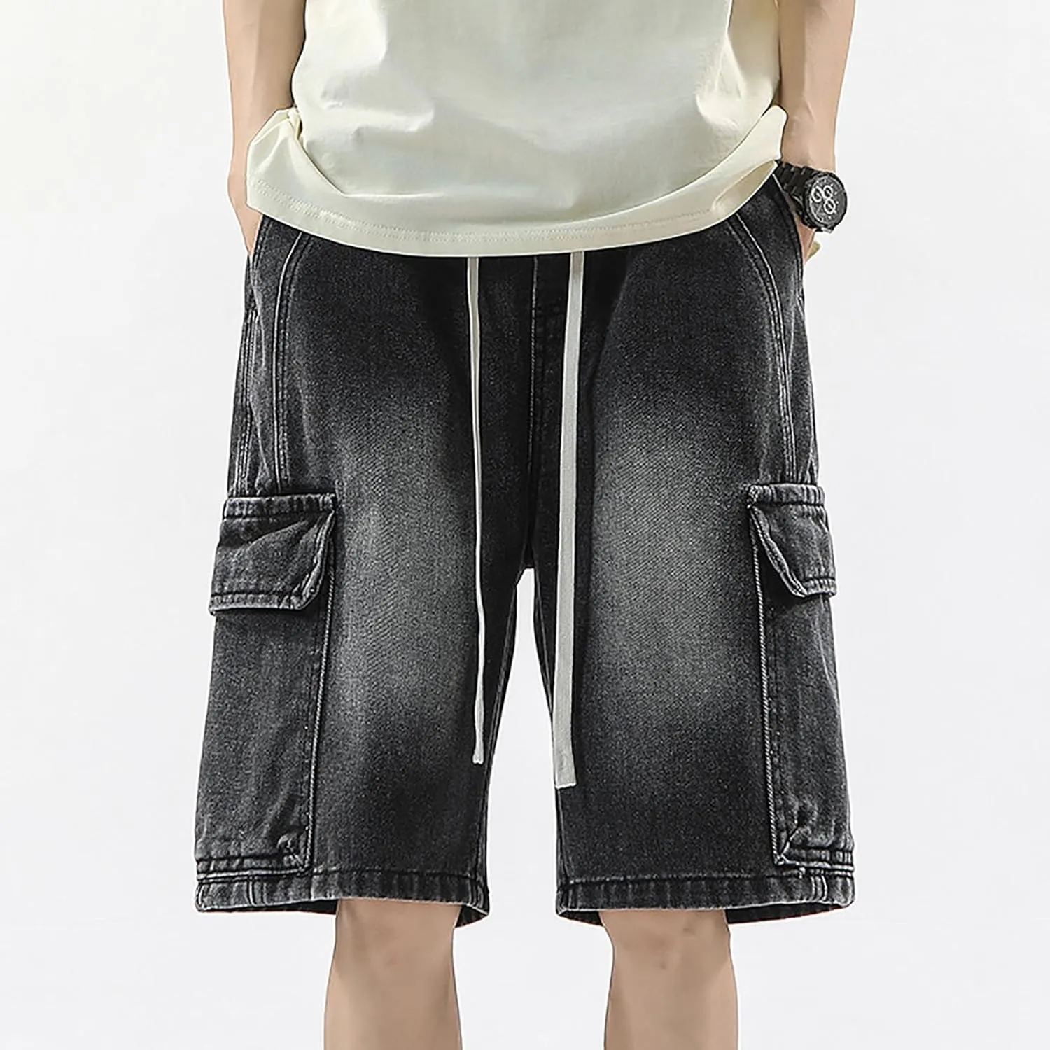 Men Wide Leg Hip Hop Mid Jean Shorts Work Denim Shorts with Pockets Casual 2025 Trendy Streetwear