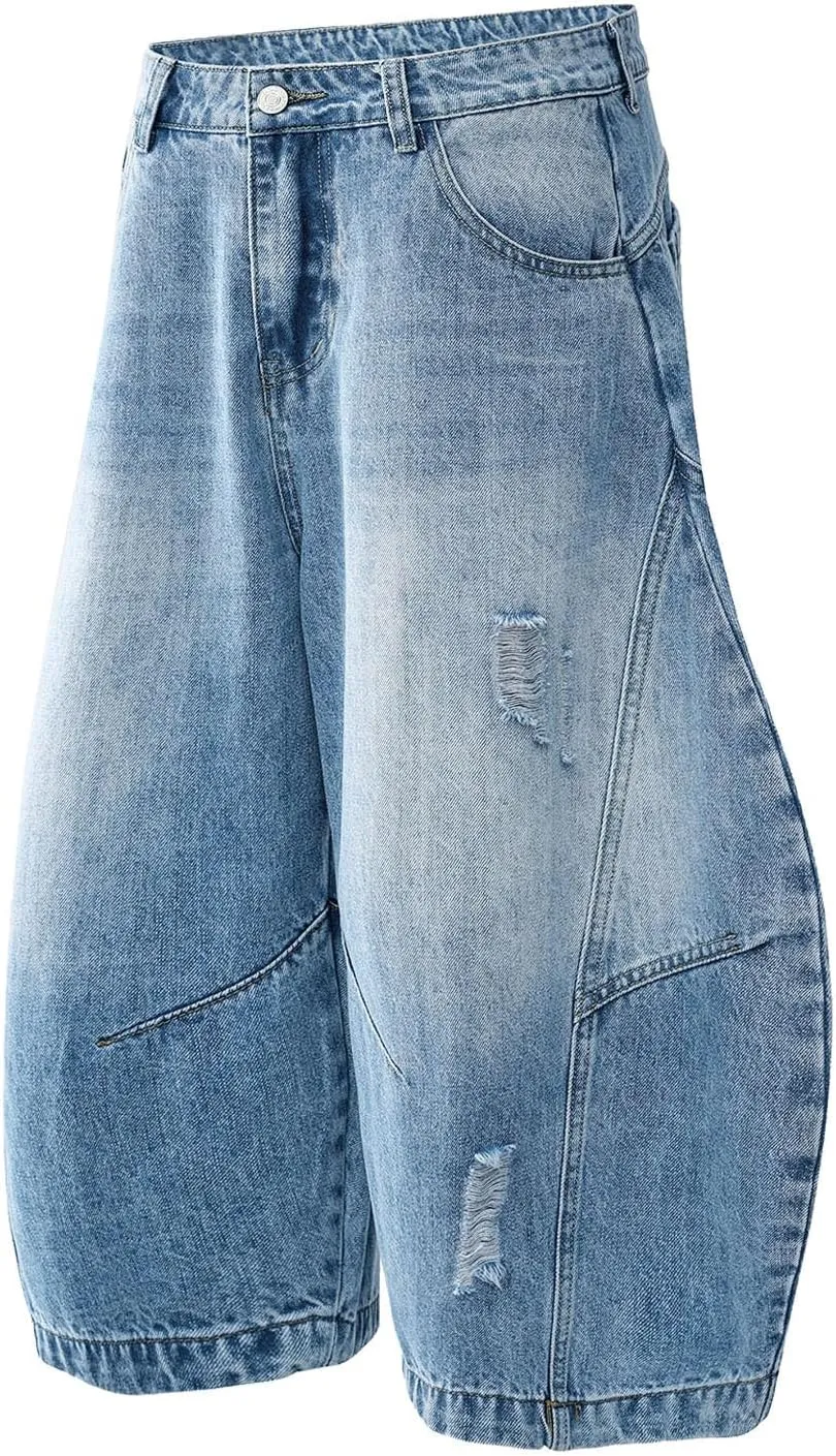 Men Wide Leg Hip Hop Mid Jean Shorts Work Denim Shorts with Pockets Casual 2025 Trendy Streetwear