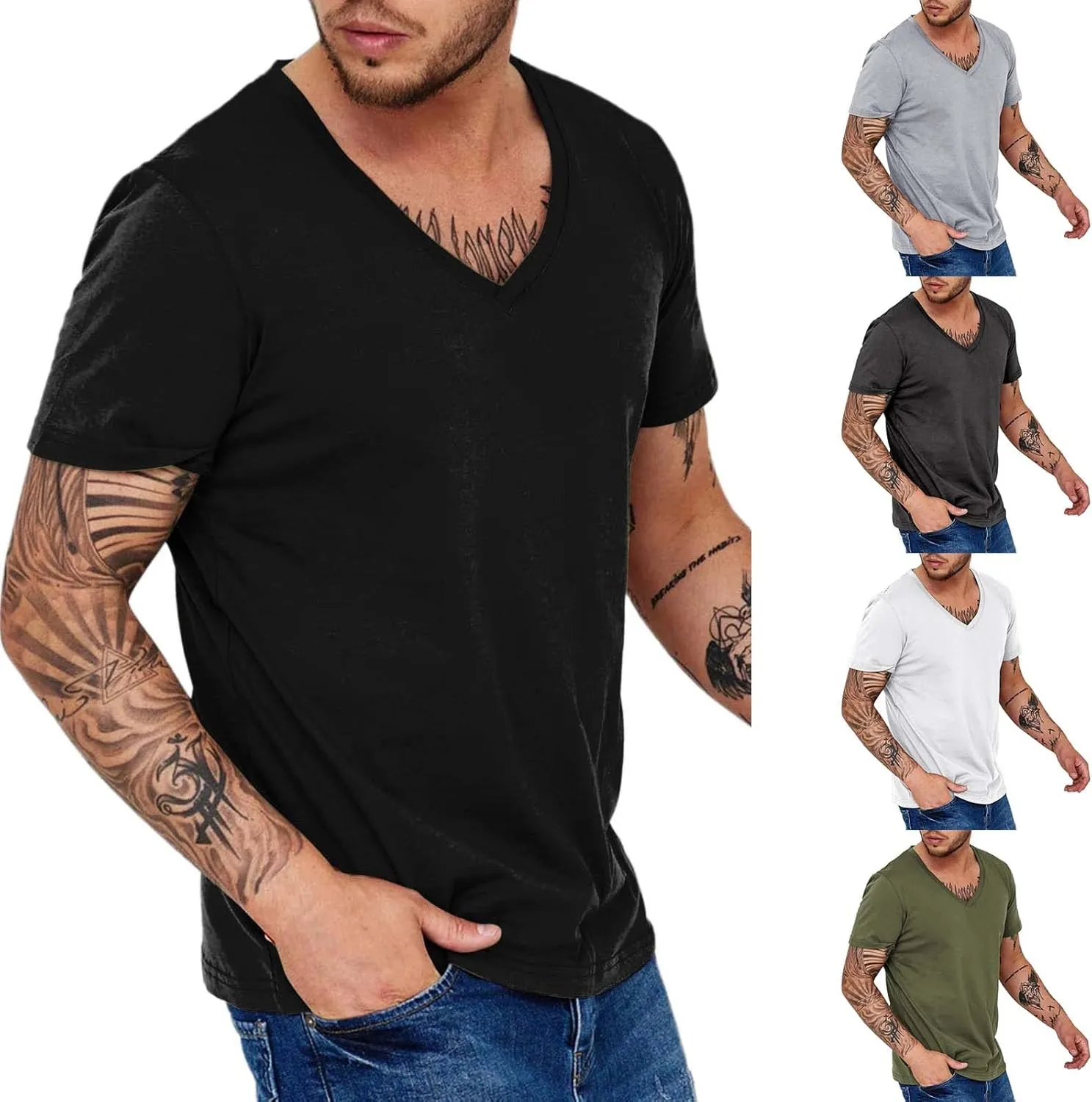 Mens Basic Shirts Quick Dry Workout Running Athletic Tees Short Sleeve V-Neck Casual T-Shirts Breathable Summer Tops