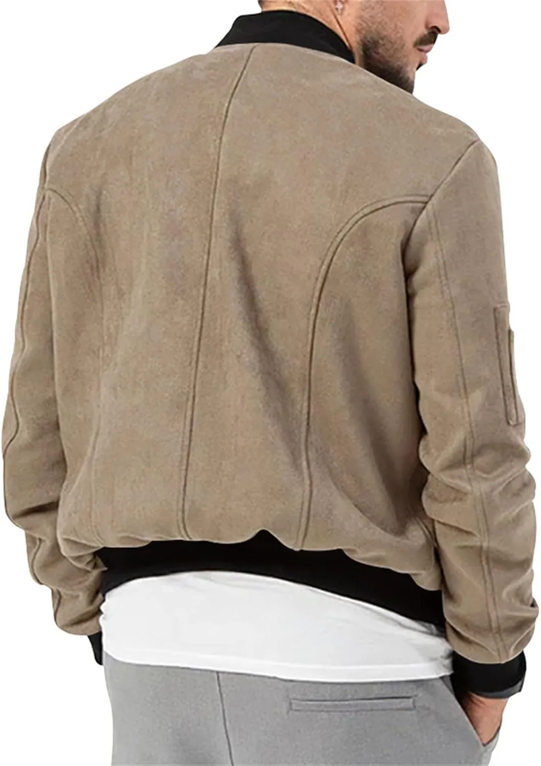 Mens Bomber Jacket Casual Varsity Jackets Long Sleeve Button Down Cardigan Vintage Faux Suede Windbreaker Coat Pockets