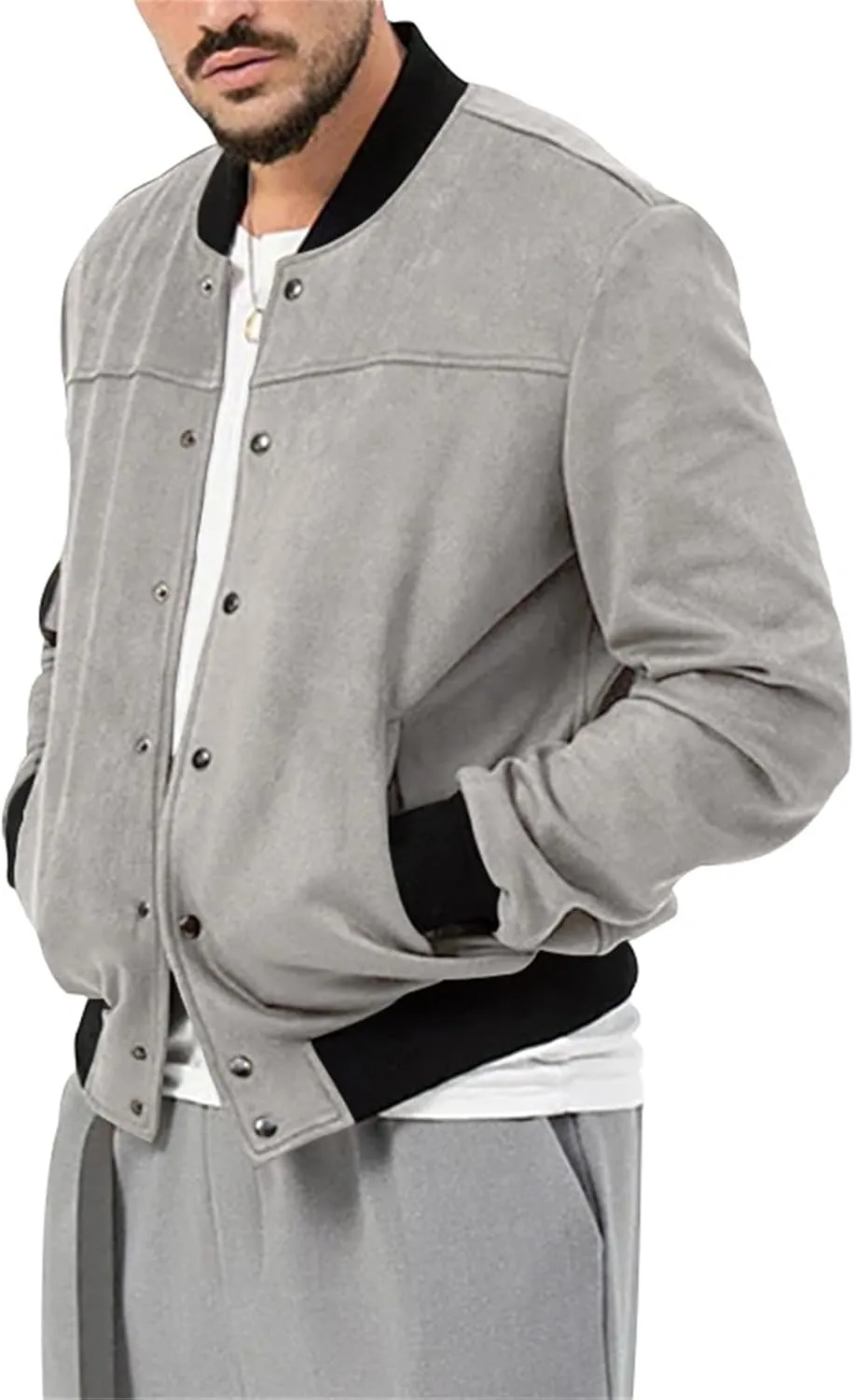 Mens Bomber Jacket Casual Varsity Jackets Long Sleeve Button Down Cardigan Vintage Faux Suede Windbreaker Coat Pockets