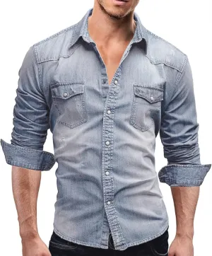 Mens Button Down Denim Shirt Fashion Slim Fit Jean Shirts Lapel Washed Shirt Long Sleeve Button Down Jackets