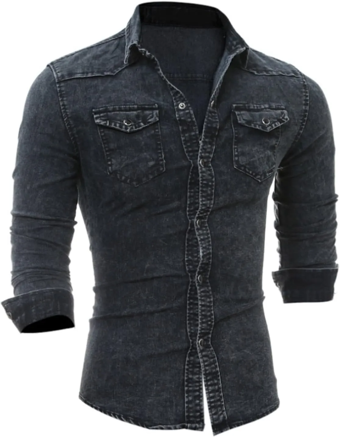Mens Button Down Denim Shirt Fashion Slim Fit Jean Shirts Lapel Washed Shirt Long Sleeve Button Down Jackets