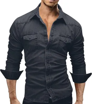 Mens Button Down Denim Shirt Fashion Slim Fit Jean Shirts Lapel Washed Shirt Long Sleeve Button Down Jackets