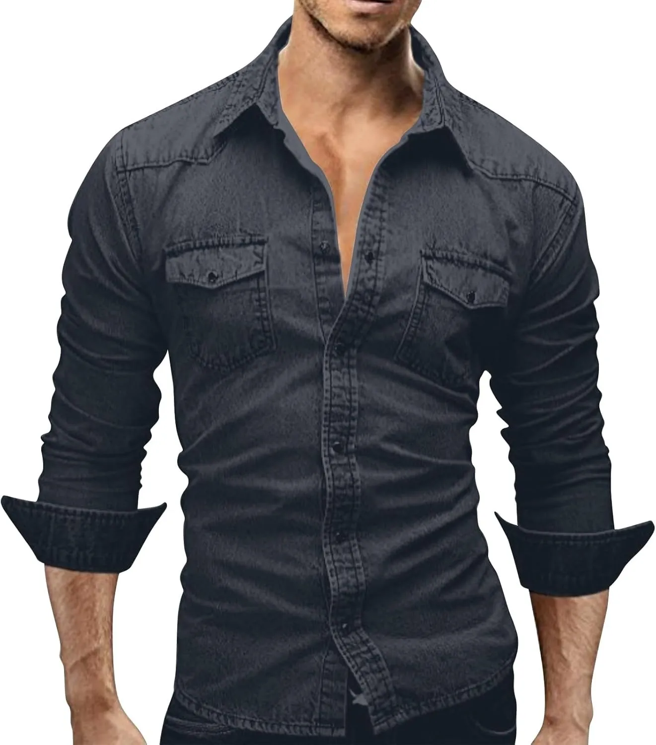 Mens Button Down Denim Shirt Fashion Slim Fit Jean Shirts Lapel Washed Shirt Long Sleeve Button Down Jackets