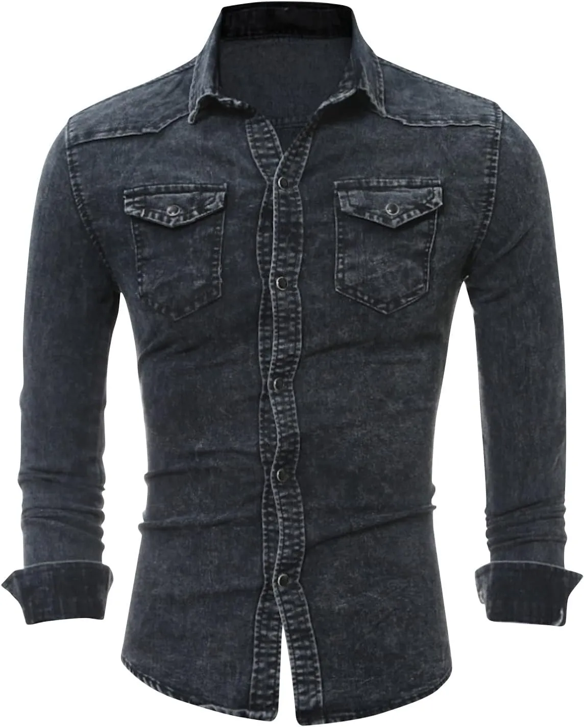 Mens Button Down Denim Shirt Fashion Slim Fit Jean Shirts Lapel Washed Shirt Long Sleeve Button Down Jackets
