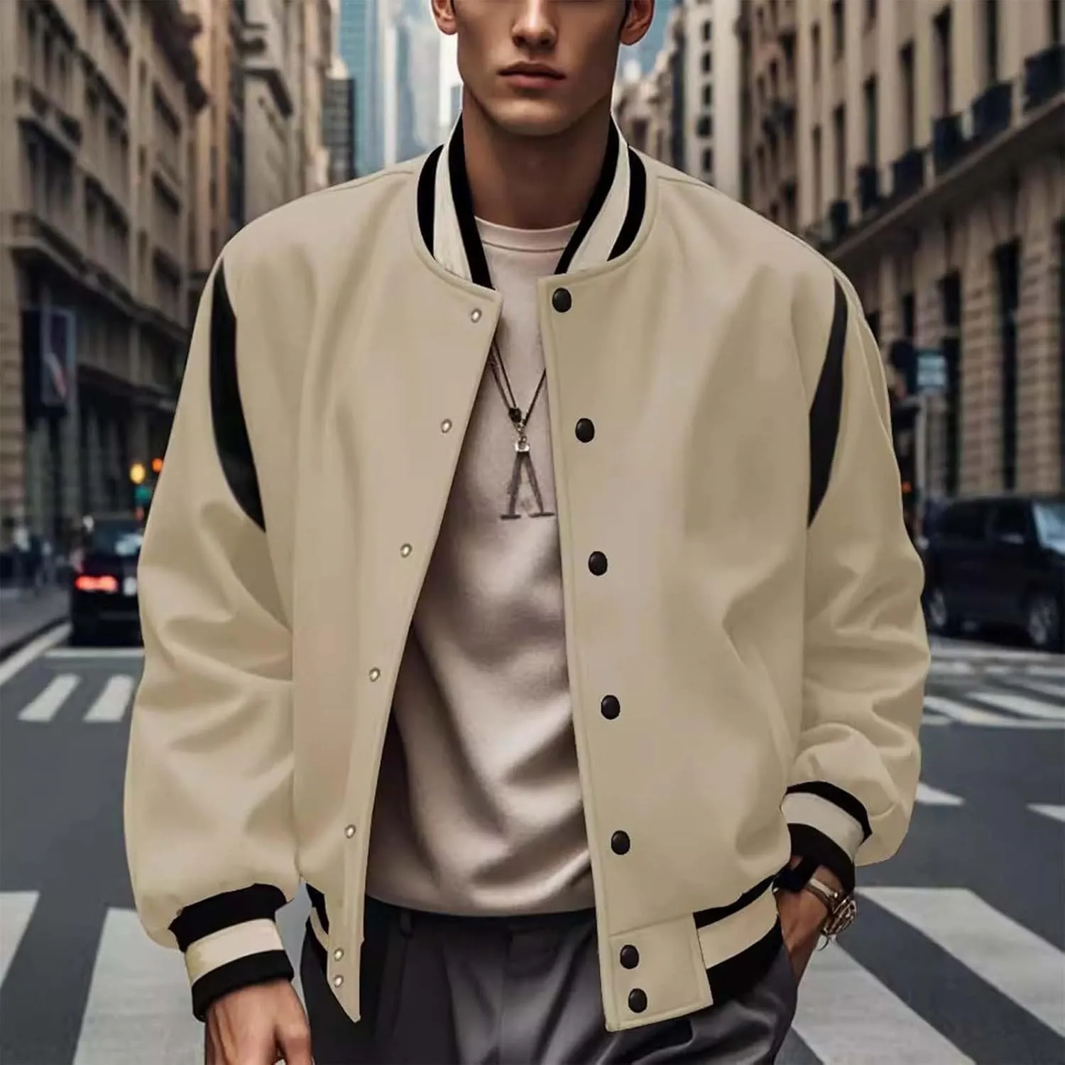 Men's Casual Bomber Jackets Loose Knitted Lightweight Varsity Jacket Fashion Button Down Coat with Pockets Sportswear