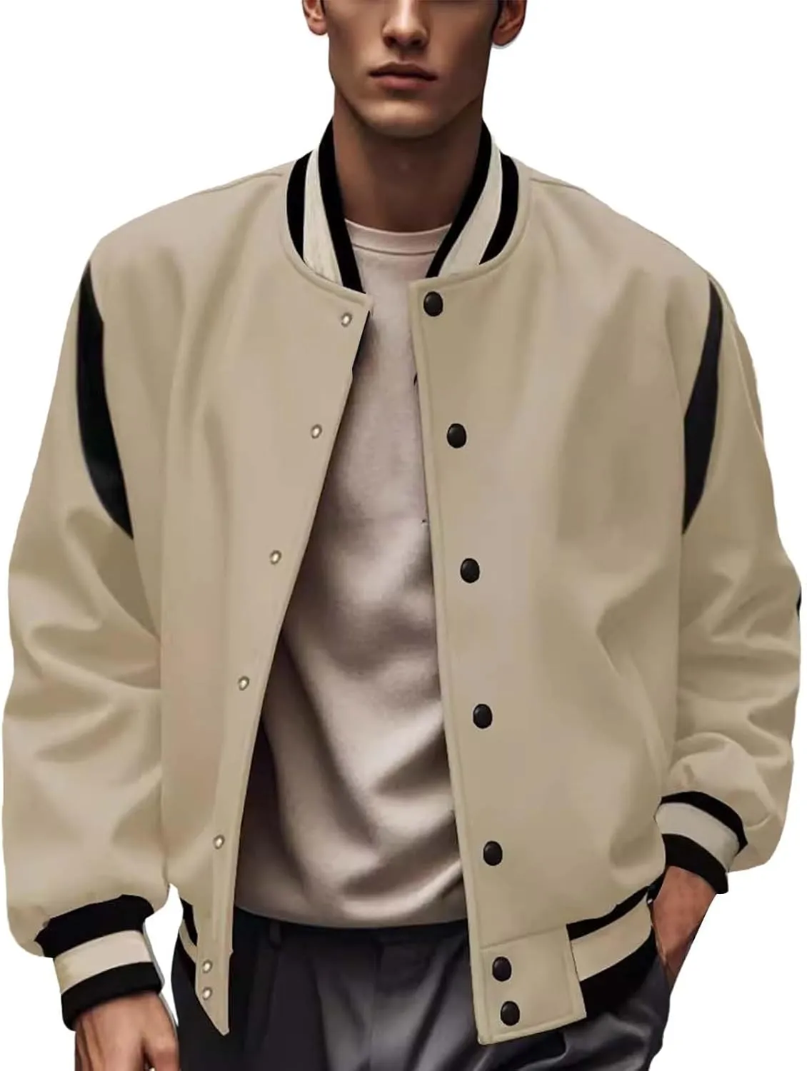 Men's Casual Bomber Jackets Loose Knitted Lightweight Varsity Jacket Fashion Button Down Coat with Pockets Sportswear