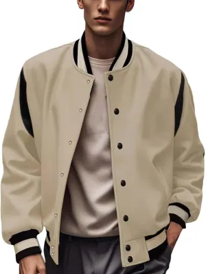 Men's Casual Bomber Jackets Loose Knitted Lightweight Varsity Jacket Fashion Button Down Coat with Pockets Sportswear
