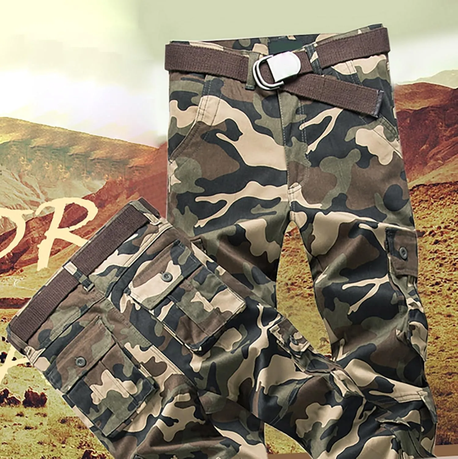 Men's Casual Cargo Pants Zipper Middle Waist Denim Long Pants Mens Loose Cargo Pants Men's Camo Cargo Pants