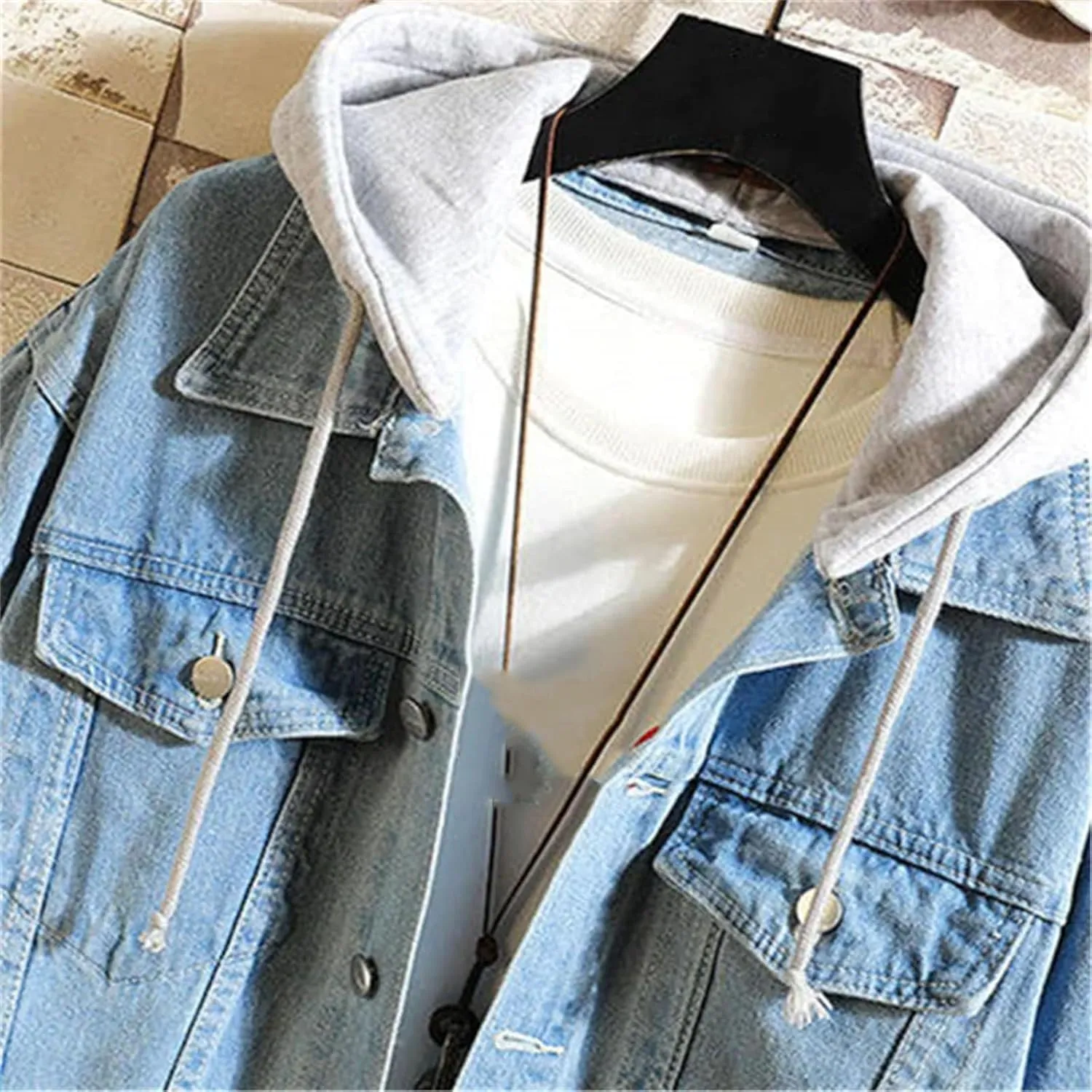 Men's Casual Denim Jacket Men Hooded Jean Jackets Lightweight Sport Denim Coats With Hat Detachable