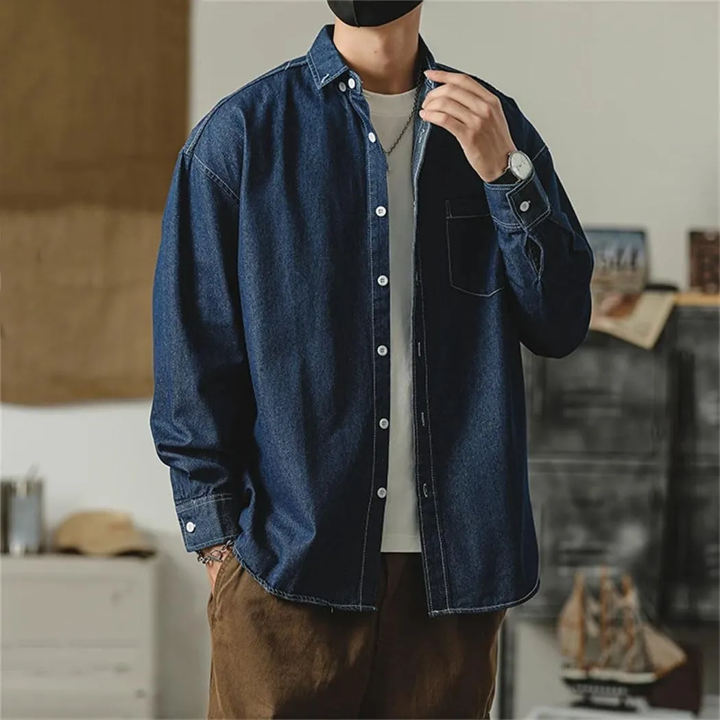 Men's Casual Long Sleeve Button Up Denim Shirts Vintage Washed Work Shirt with Pocket