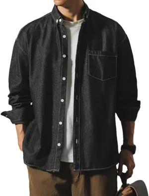 Men's Casual Long Sleeve Button Up Denim Shirts Vintage Washed Work Shirt with Pocket