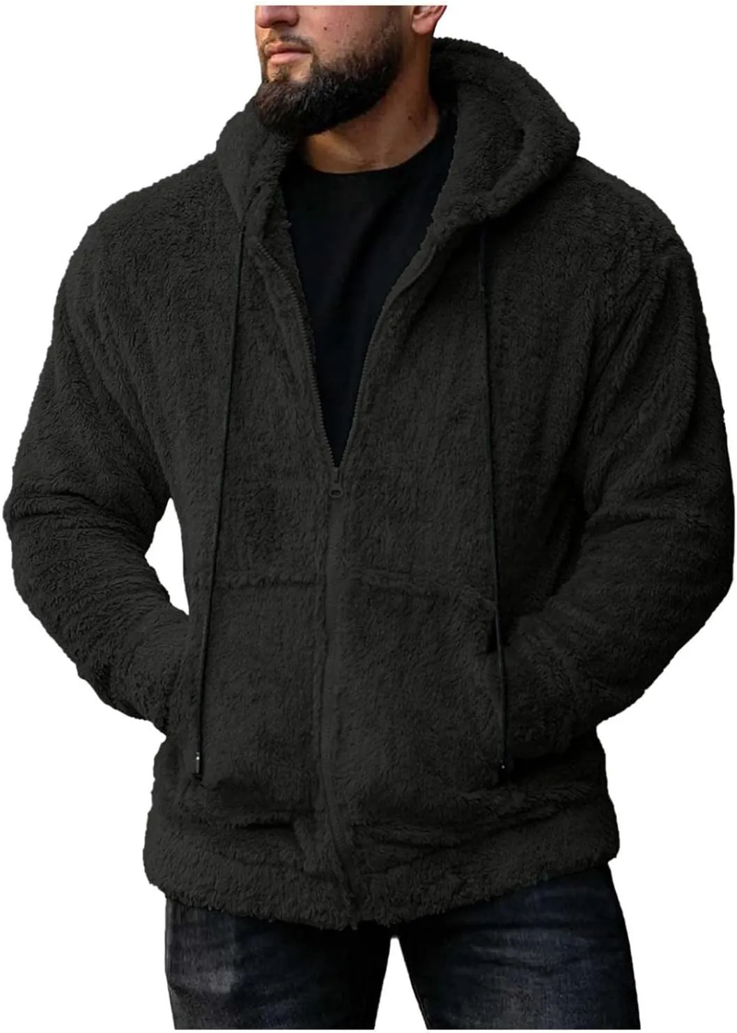 Mens Casual Sherpa Lined Jacket Hoodie Fluffy Fleece Open Front Cardigan Sweater Zip Up Fuzzy Faux Shearling Teddy Coat