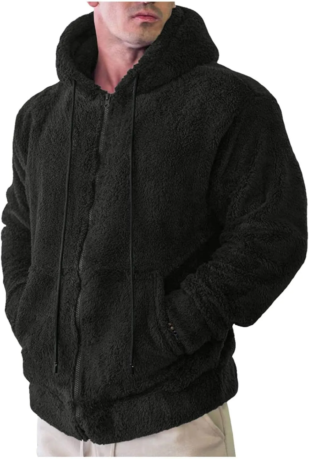 Mens Casual Sherpa Lined Jacket Hoodie Fluffy Fleece Open Front Cardigan Sweater Zip Up Fuzzy Faux Shearling Teddy Coat