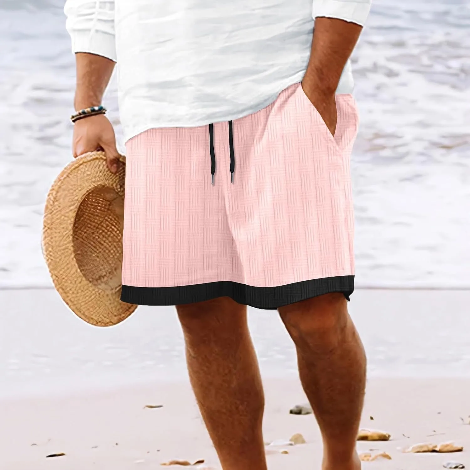 Men's Casual Shorts Jacquard Elastic Waist Drawstring Casual Pants Loose Fit Breathable Running Beach Shorts with Pocket