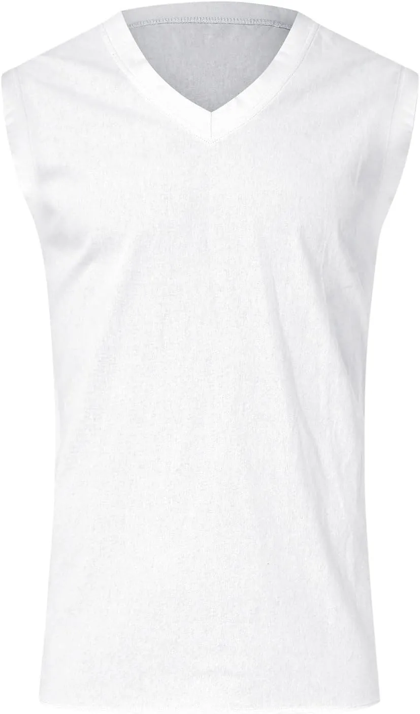 Men's Casual Workout Tank Top Crew Neck Sleeveless Shirts Summer Gym Muscle Fitness Vest Cotton Linen Cut Off Shirt