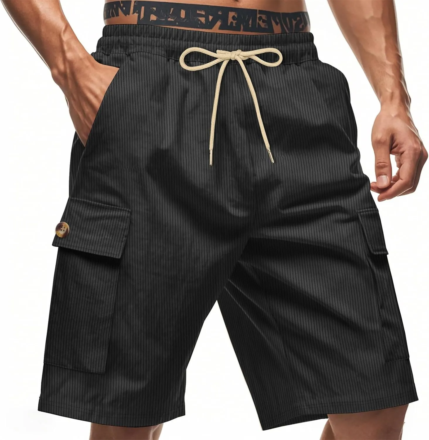 Mens Corduroy Shorts 2025 Summer Elastic Waist Drawstring Relaxed Fit Comfy Casual Cargo Pants Outdoor Camping Shorts
