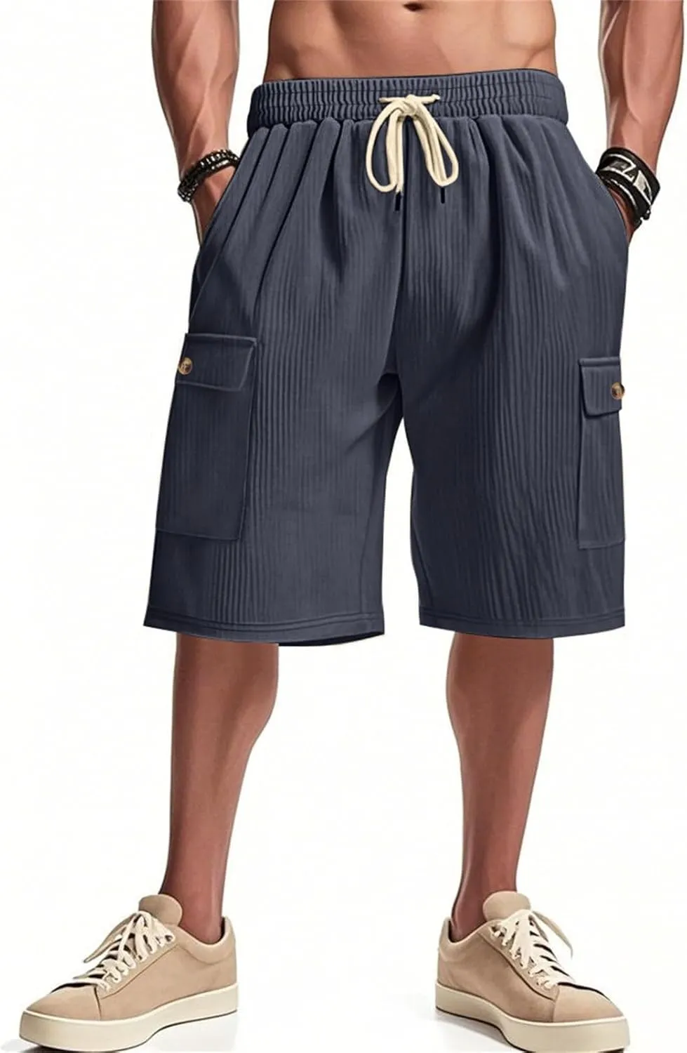 Mens Corduroy Shorts 2025 Summer Elastic Waist Drawstring Relaxed Fit Comfy Casual Cargo Pants Outdoor Camping Shorts