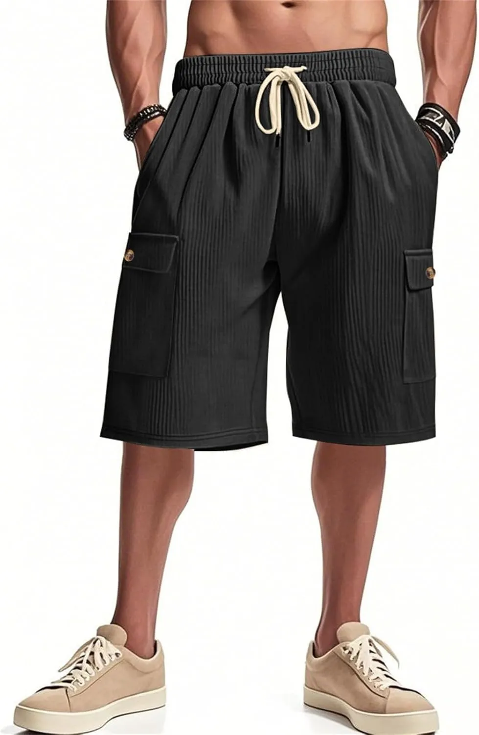Mens Corduroy Shorts 2025 Summer Elastic Waist Drawstring Relaxed Fit Comfy Casual Cargo Pants Outdoor Camping Shorts