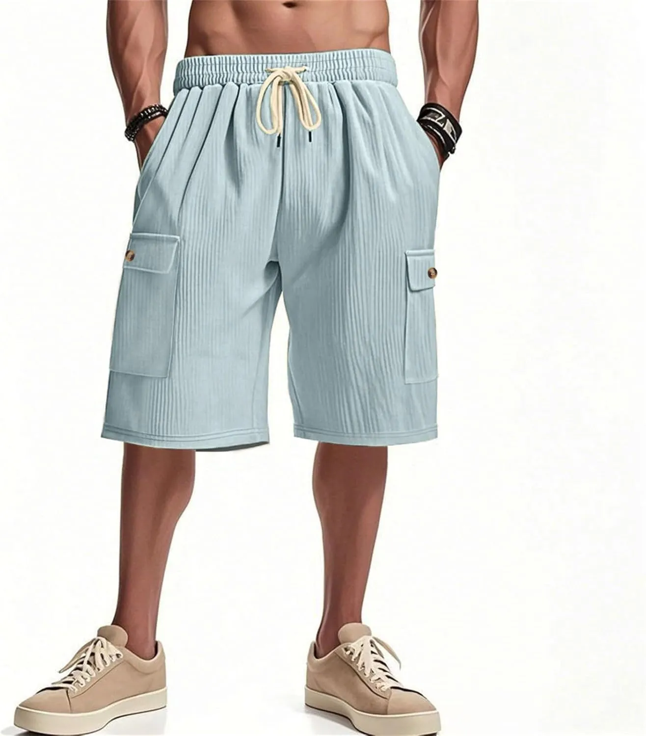 Mens Corduroy Shorts 2025 Summer Elastic Waist Drawstring Relaxed Fit Comfy Casual Cargo Pants Outdoor Camping Shorts