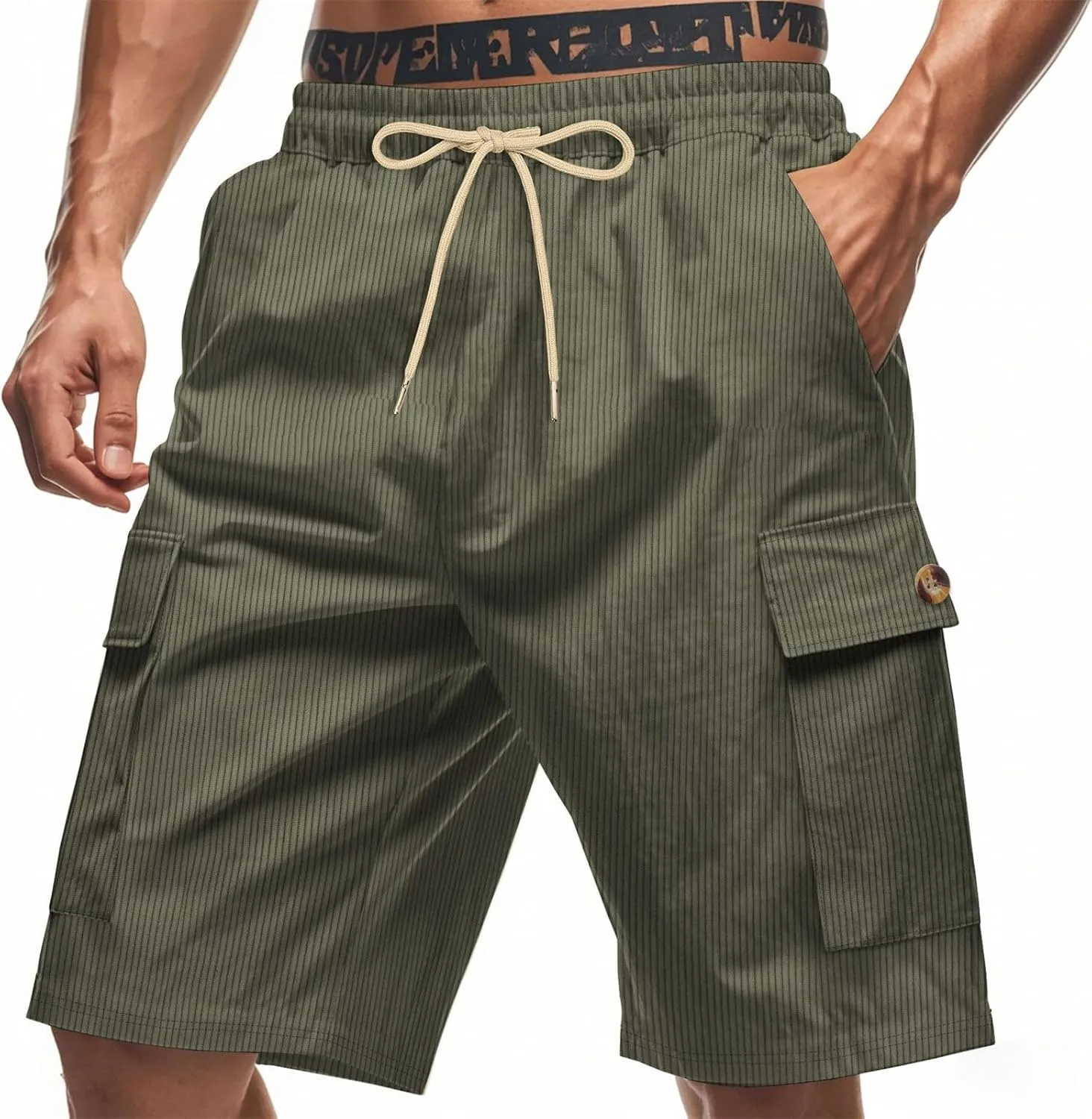 Mens Corduroy Shorts 2025 Summer Elastic Waist Drawstring Relaxed Fit Comfy Casual Cargo Pants Outdoor Camping Shorts