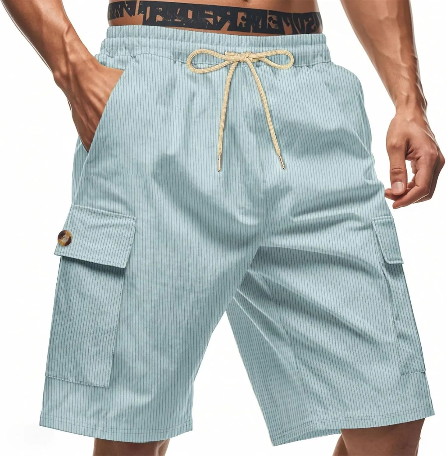 Mens Corduroy Shorts 2025 Summer Elastic Waist Drawstring Relaxed Fit Comfy Casual Cargo Pants Outdoor Camping Shorts