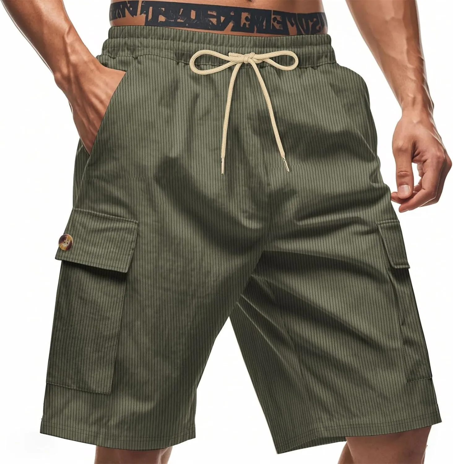 Mens Corduroy Shorts 2025 Summer Elastic Waist Drawstring Relaxed Fit Comfy Casual Cargo Pants Outdoor Camping Shorts