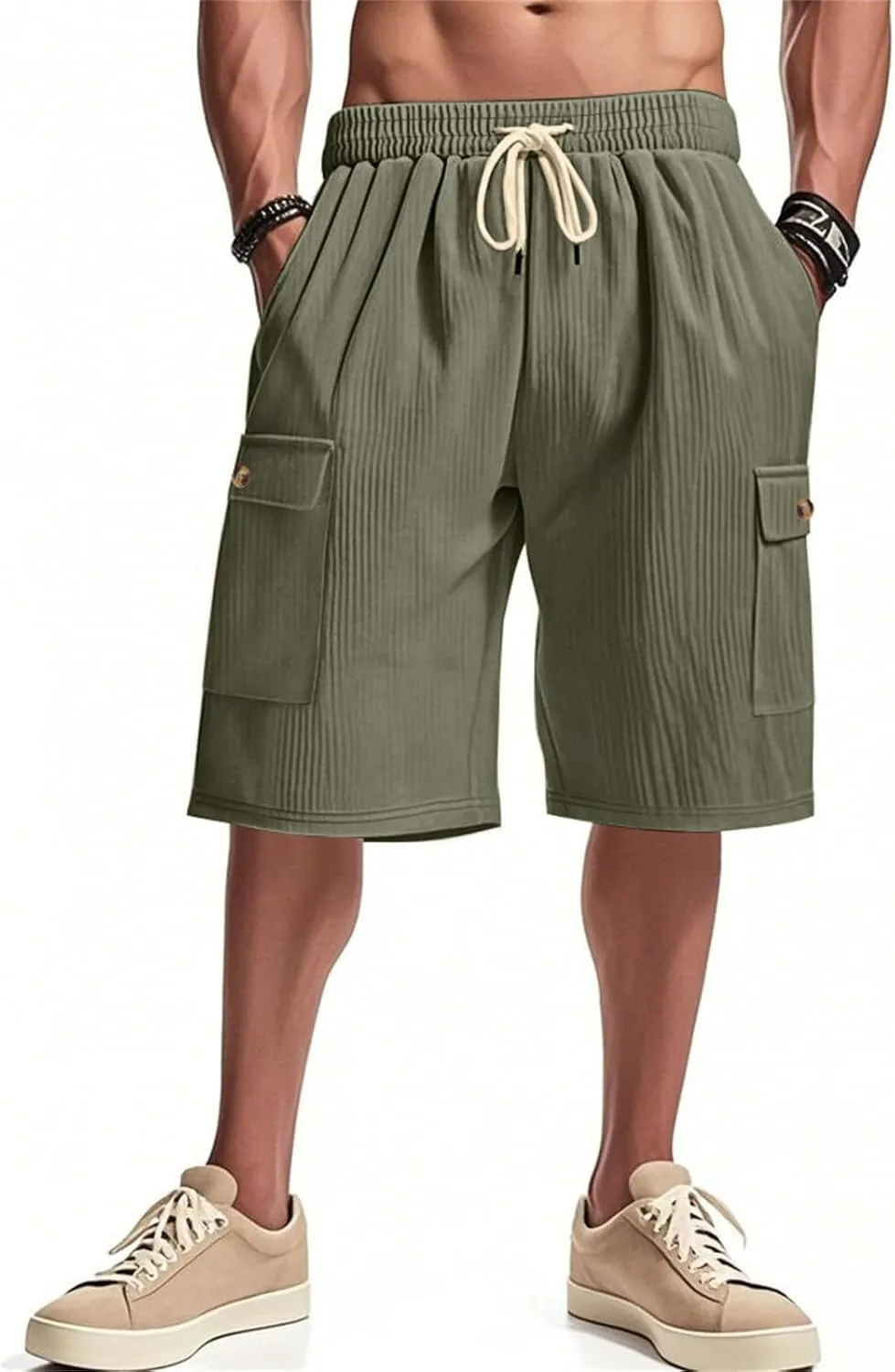 Mens Corduroy Shorts 2025 Summer Elastic Waist Drawstring Relaxed Fit Comfy Casual Cargo Pants Outdoor Camping Shorts